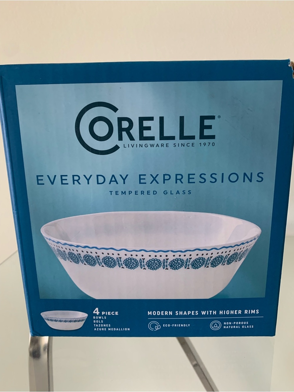Corelle Everyday Expressions White and Blue Patterned Serving Bowl - 4-Piece Set